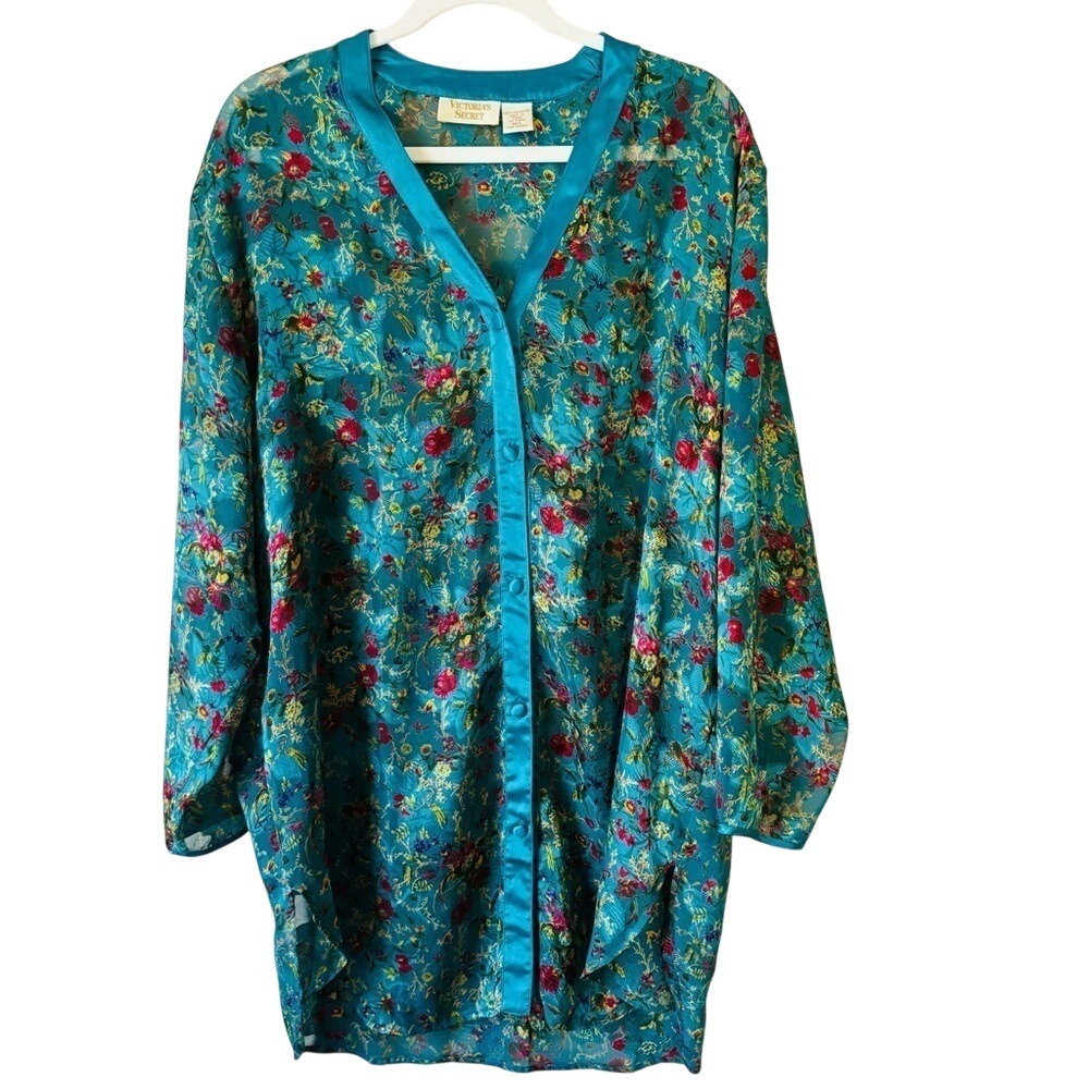 Vintage Gold Label Victoria's Secret Satin Night Gown Shirt‎ Dress Sz M LFloral